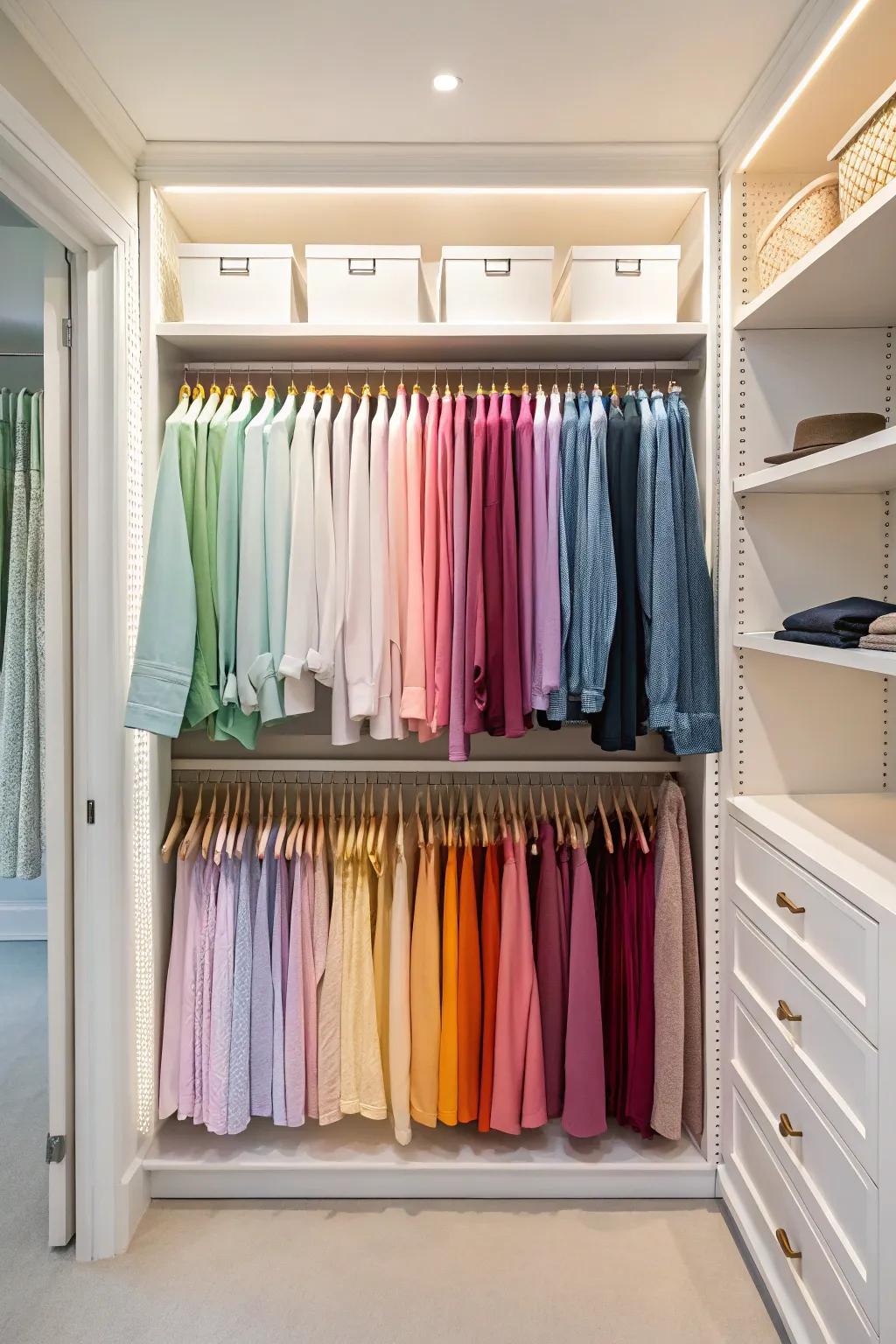 Clothes sorted by color in an open closet
