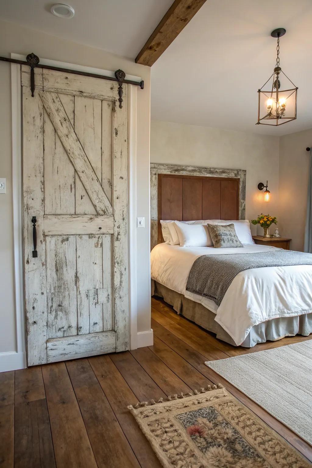 A classic door adds rustic charm and character to the bedroom.