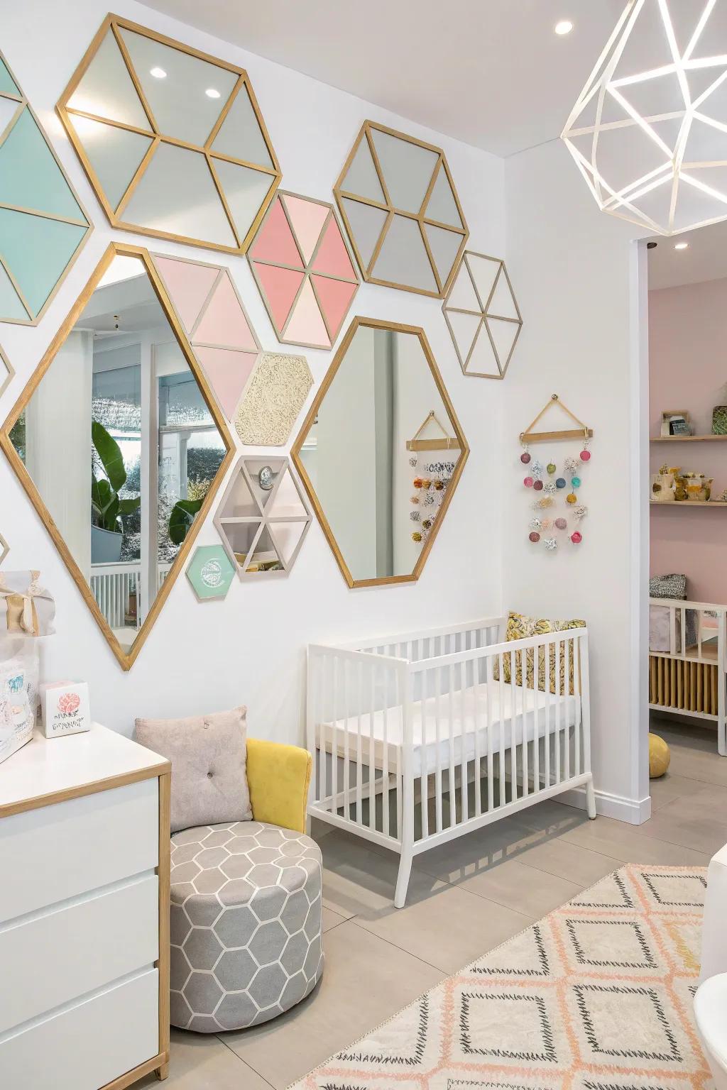 Geometric reflectors impart a bold, modern touch to this nursery.