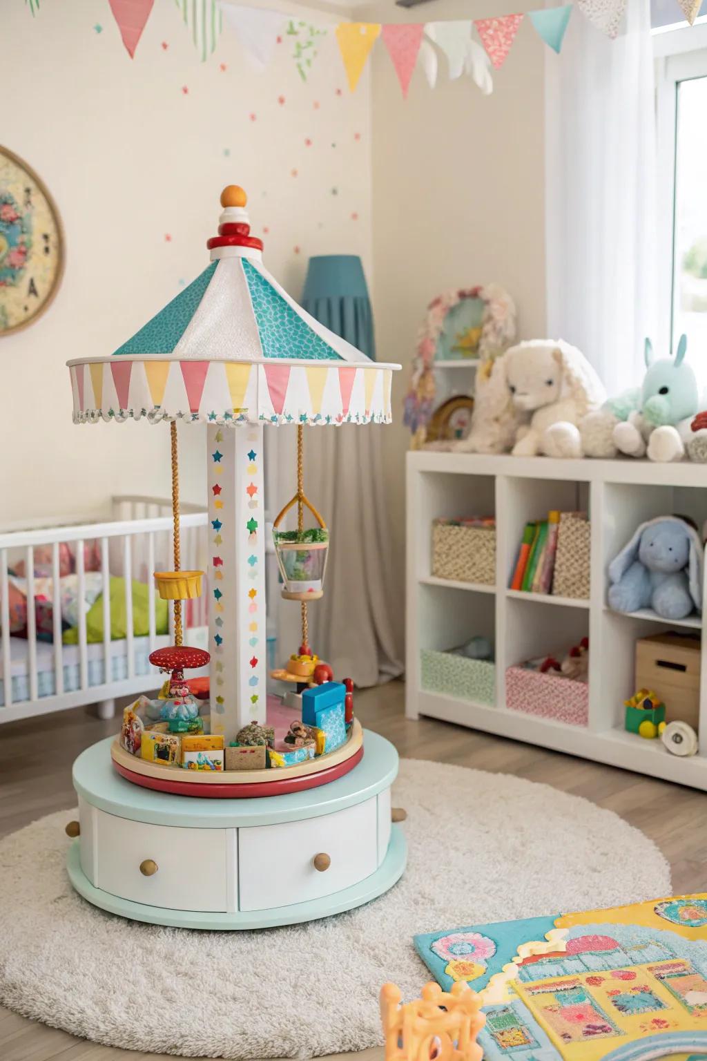 A rotating toy carousel keeps toys organized and easily accessible.