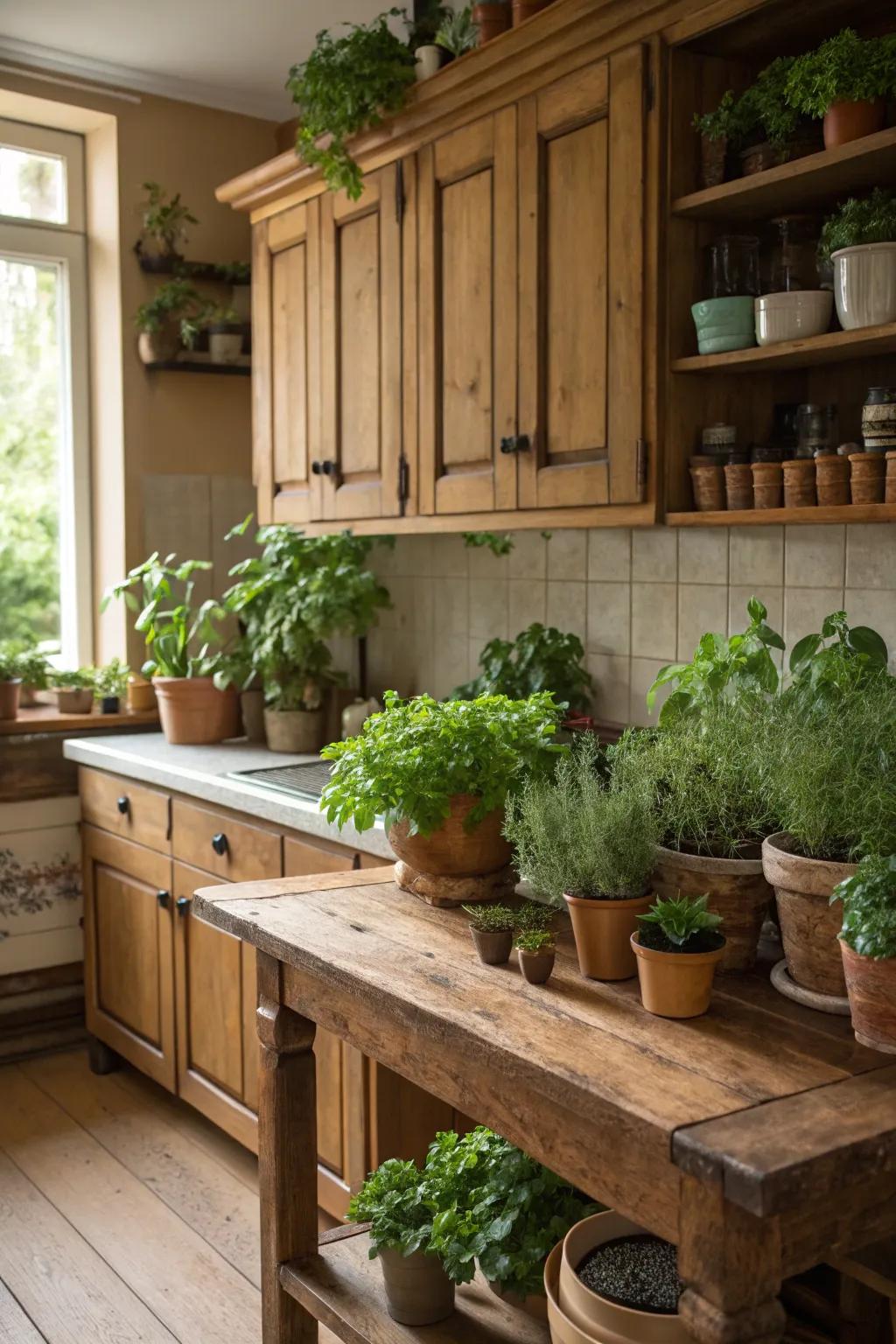 Greenery infuses oak kitchens with vitality and vibrancy.