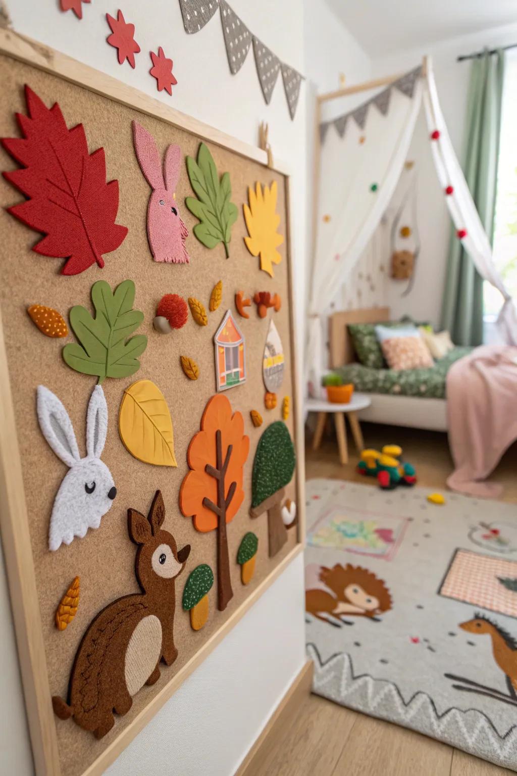 A child's bedroom bulletin board featuring a magical forest theme.