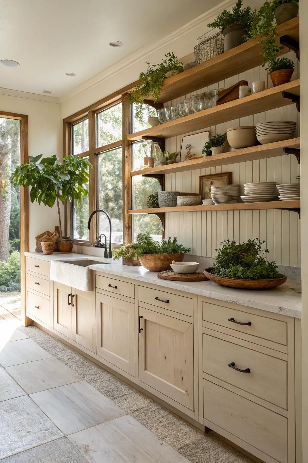Exposed shelving introduces a personal element to your kitchen.