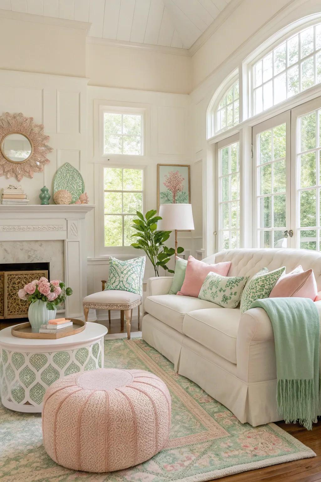 Pale accents bring a serene touch to an off-white living area.