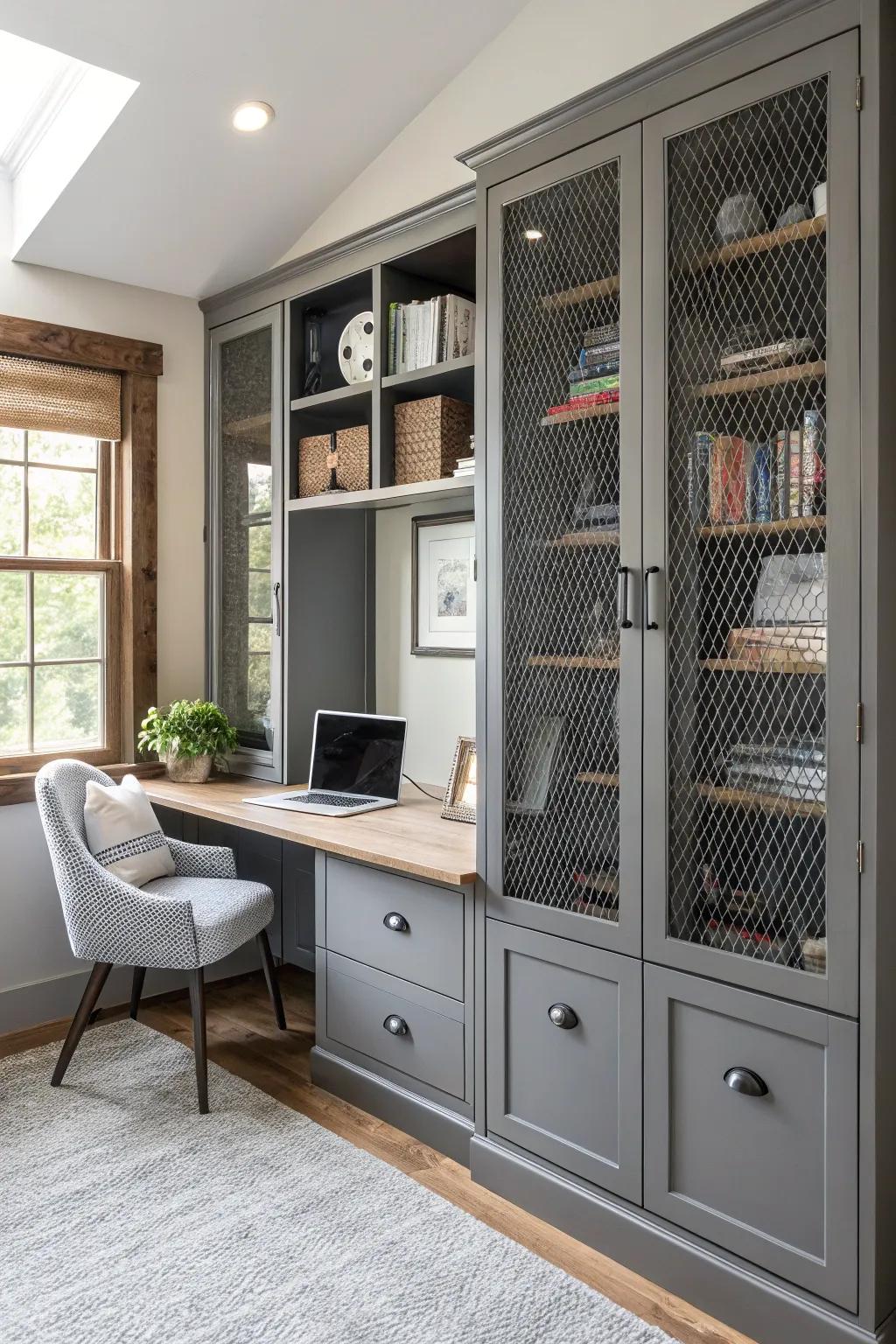 Metal grille inserts add a unique twist to cabinets.
