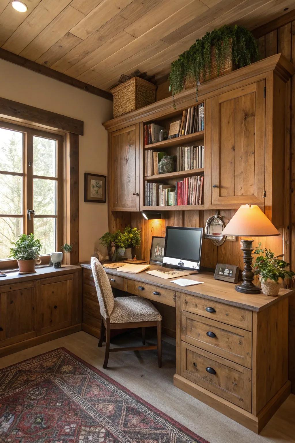 Infuse warmth using rustic timber cabinets.