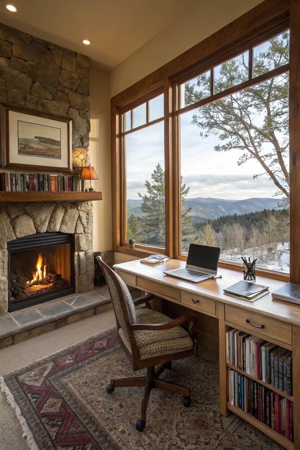 A scenic view enhances the office atmosphere.