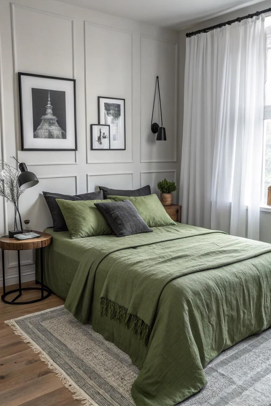 Monochrome design gives a modern contrast to olive green bedding.
