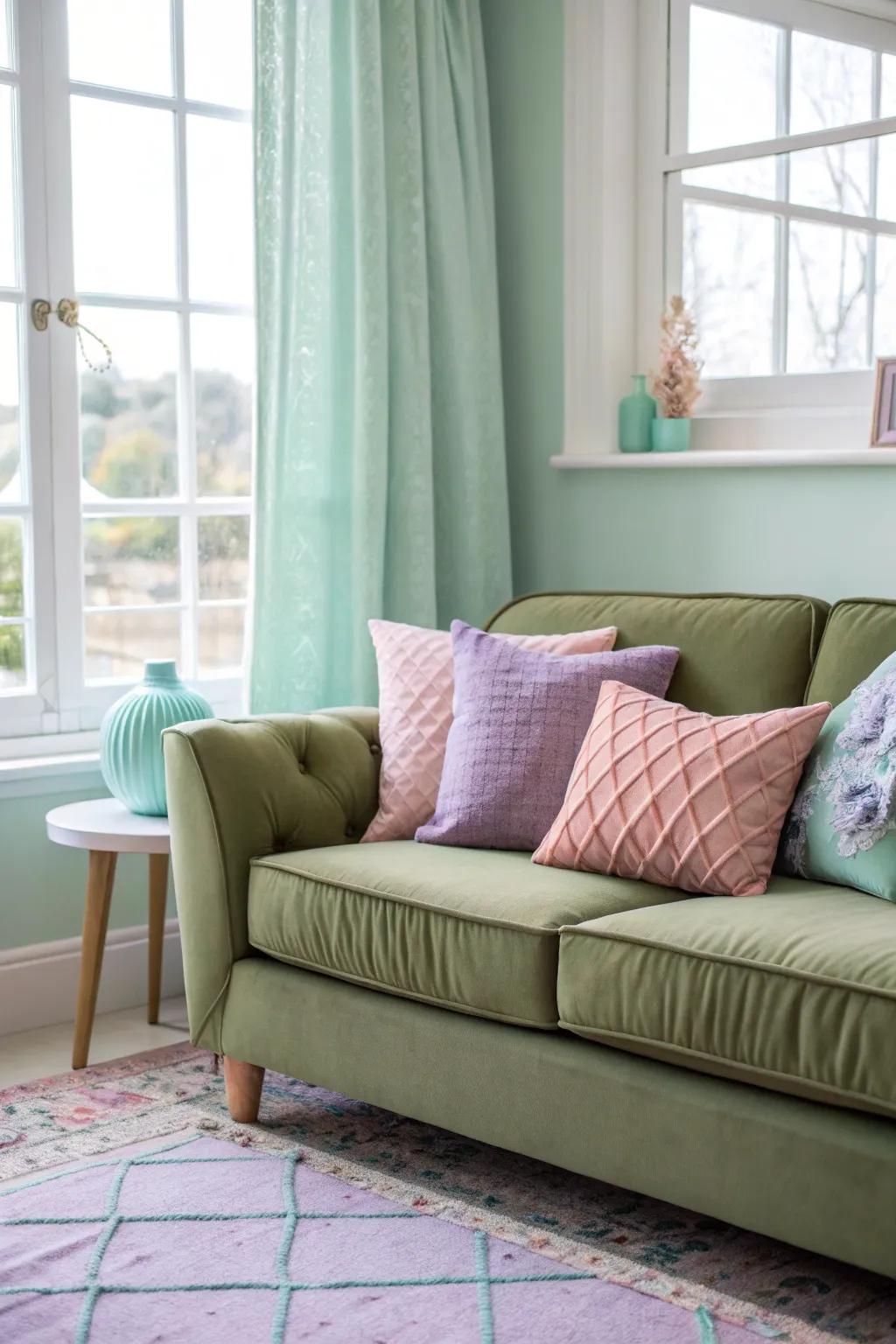 Subtle pastels bring a romantic and serene feel to the room.