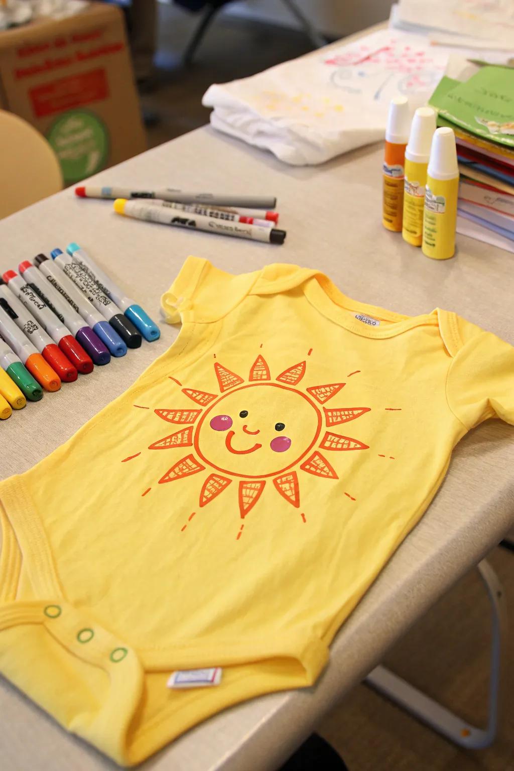 A creatively adorned onesie using textile pens.
