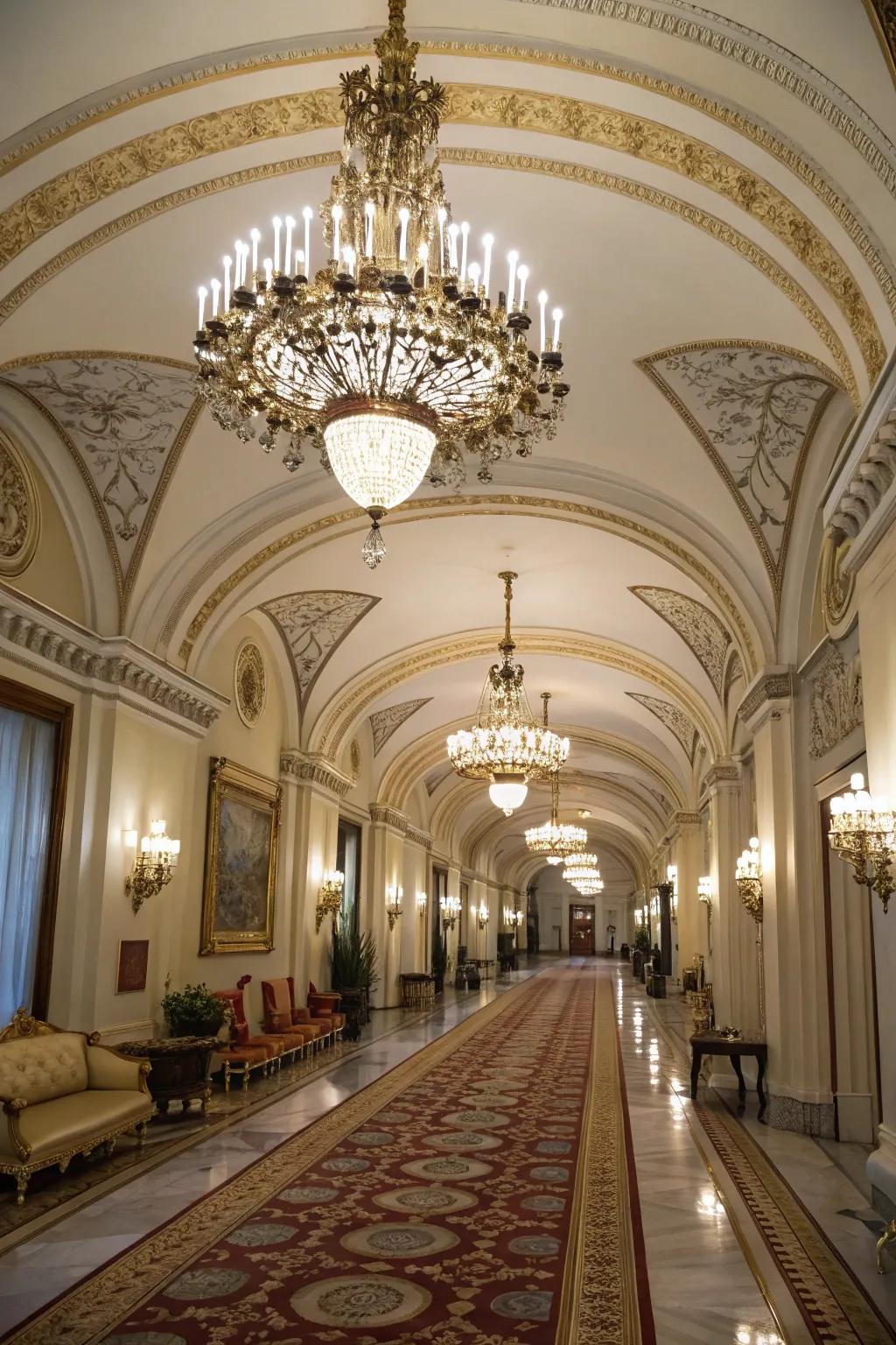 A luxurious hallway featuring an arched ceiling for added drama.