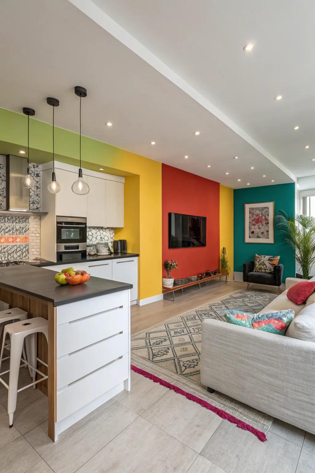 Color sections bring vibrancy to open living areas.