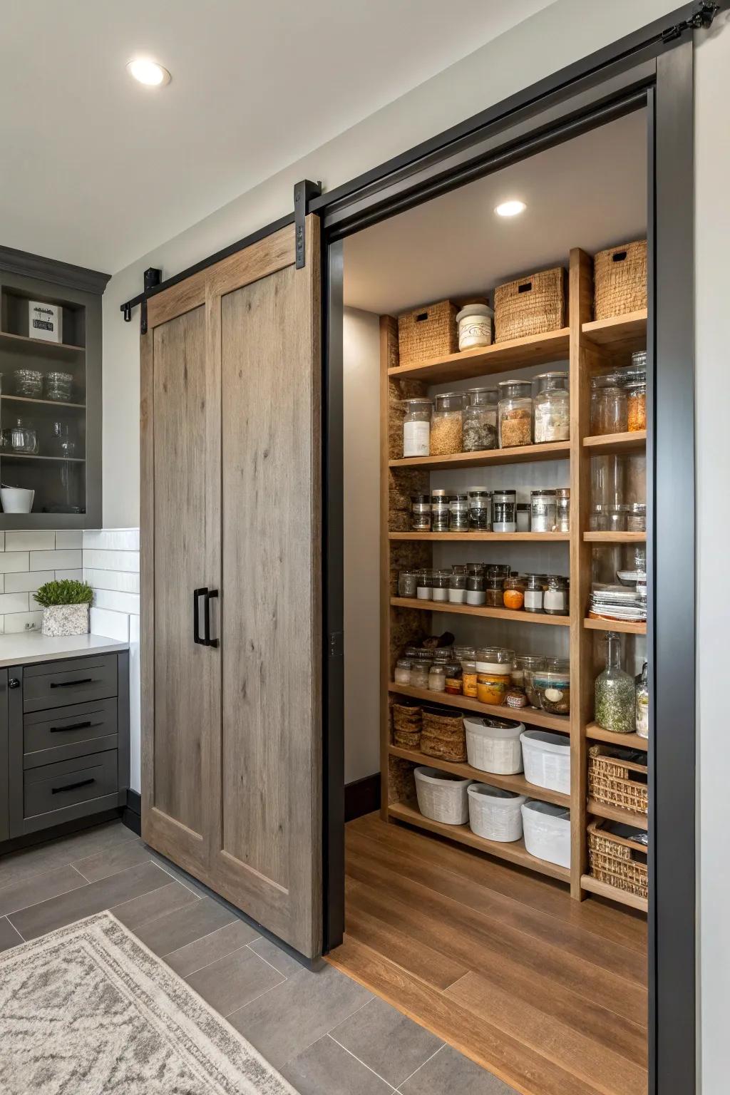 A sliding door provides a sleek option to hide pantry shelves.