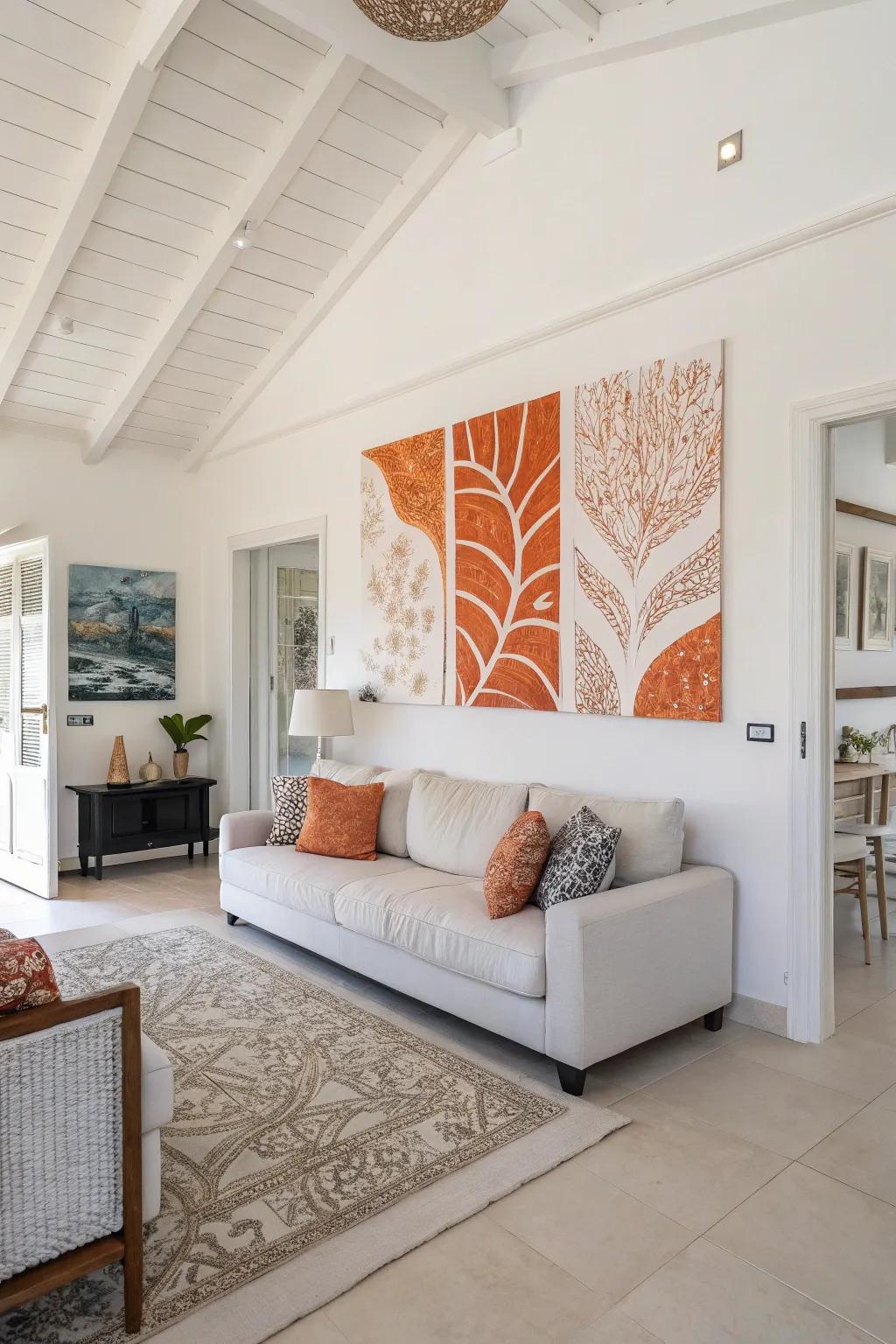 Tangerine and ivory artwork brings cohesion and style to a living room.