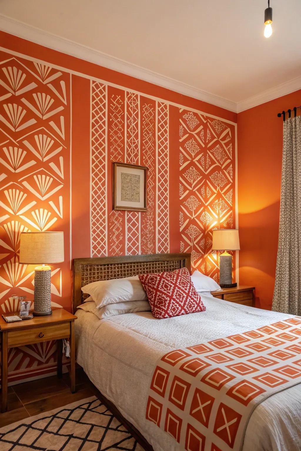 Geometric impressions inject a modern twist onto orange walls.