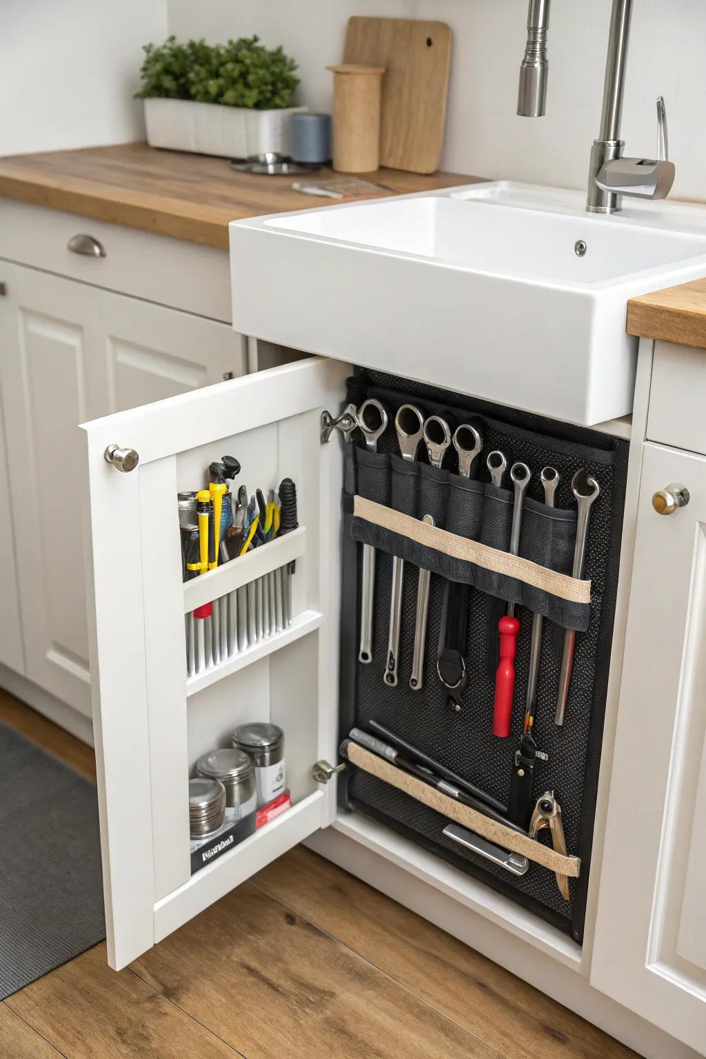 Magnetic strips provide innovative storage for small metal items.