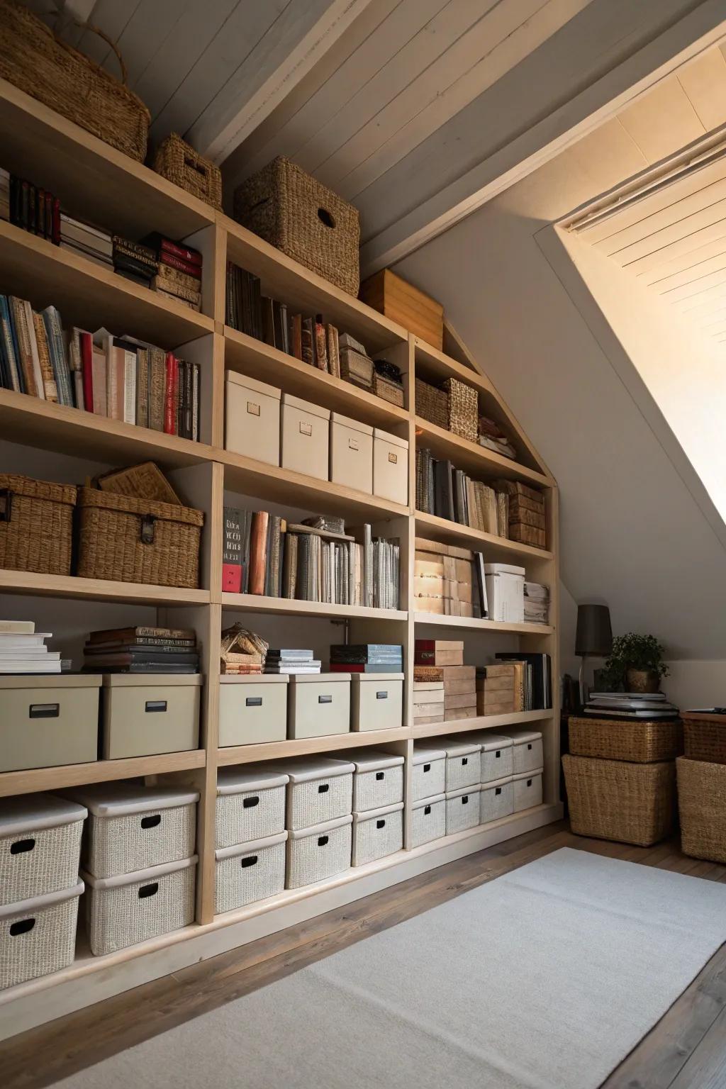 Top shelves keep items that aren&rsquo;t used often neatly stored.