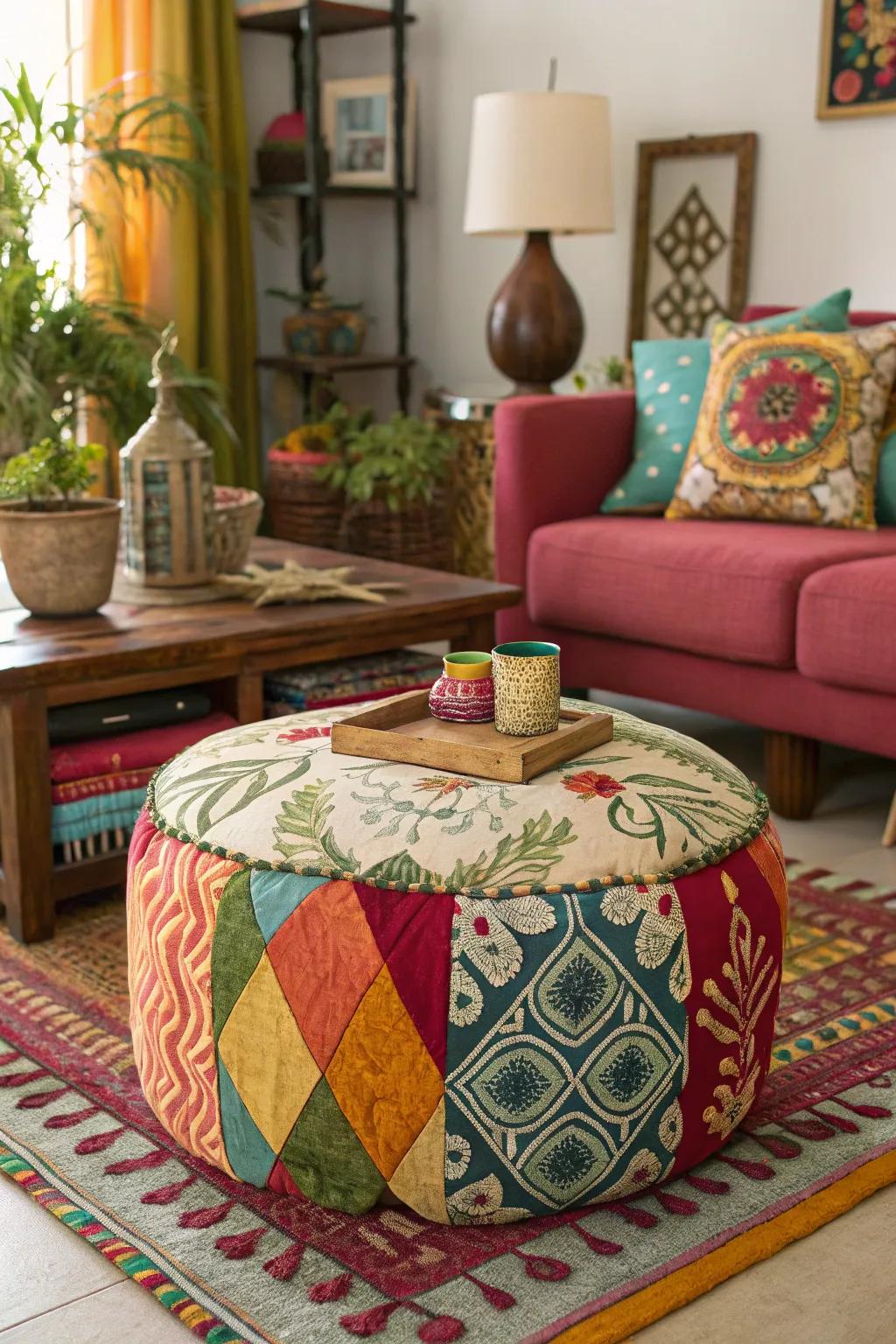 An eclectic mix of styles on a central ottoman.