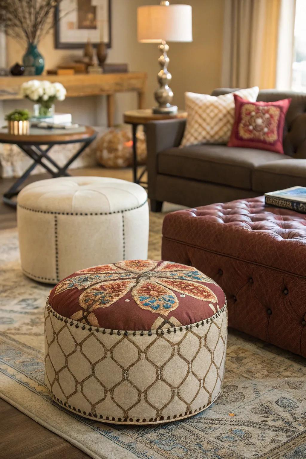 A colorful mix of ottoman styles creates a vibrant gathering spot.
