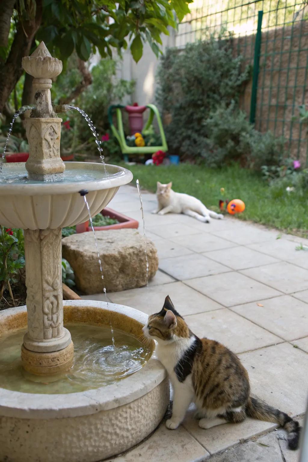 A calming water feature adds tranquility and freshness.