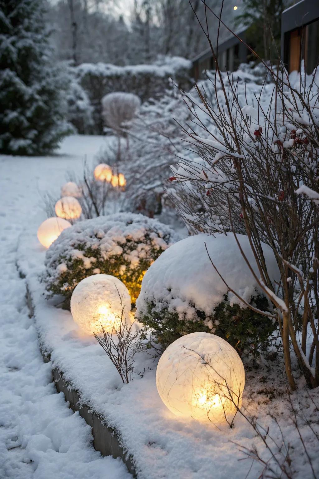 Radiance orbs in the garden generate an enchanting nighttime glow.