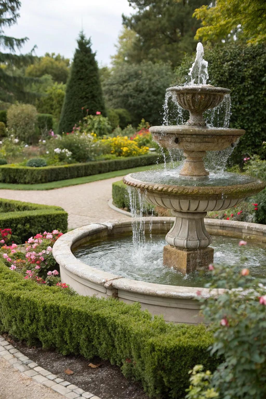 Tiered reservoir fountains contribute a rhythmic flow to your garden.
