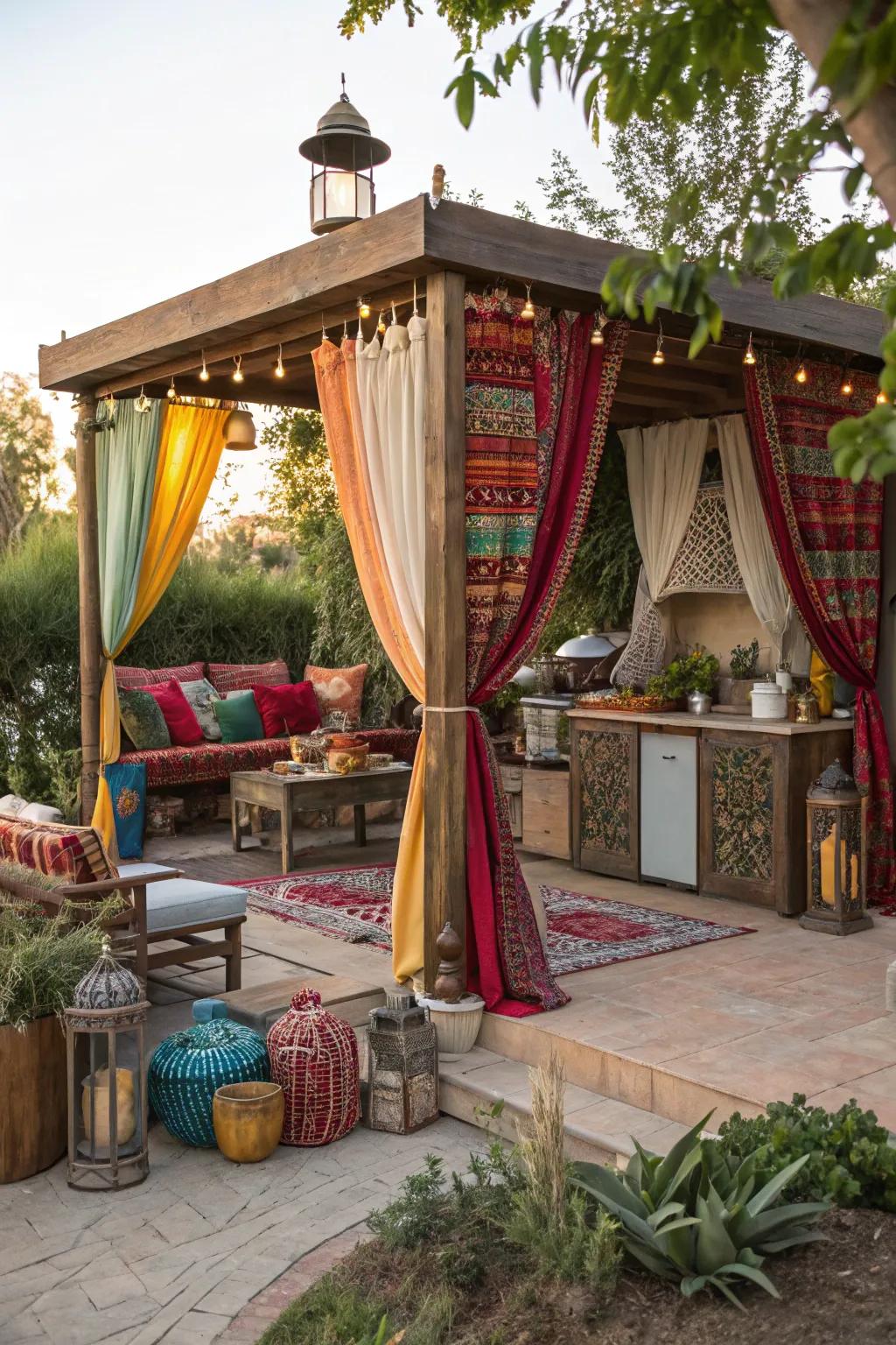 Show off your creativity using a bohemian outdoor kitchen gazebo.