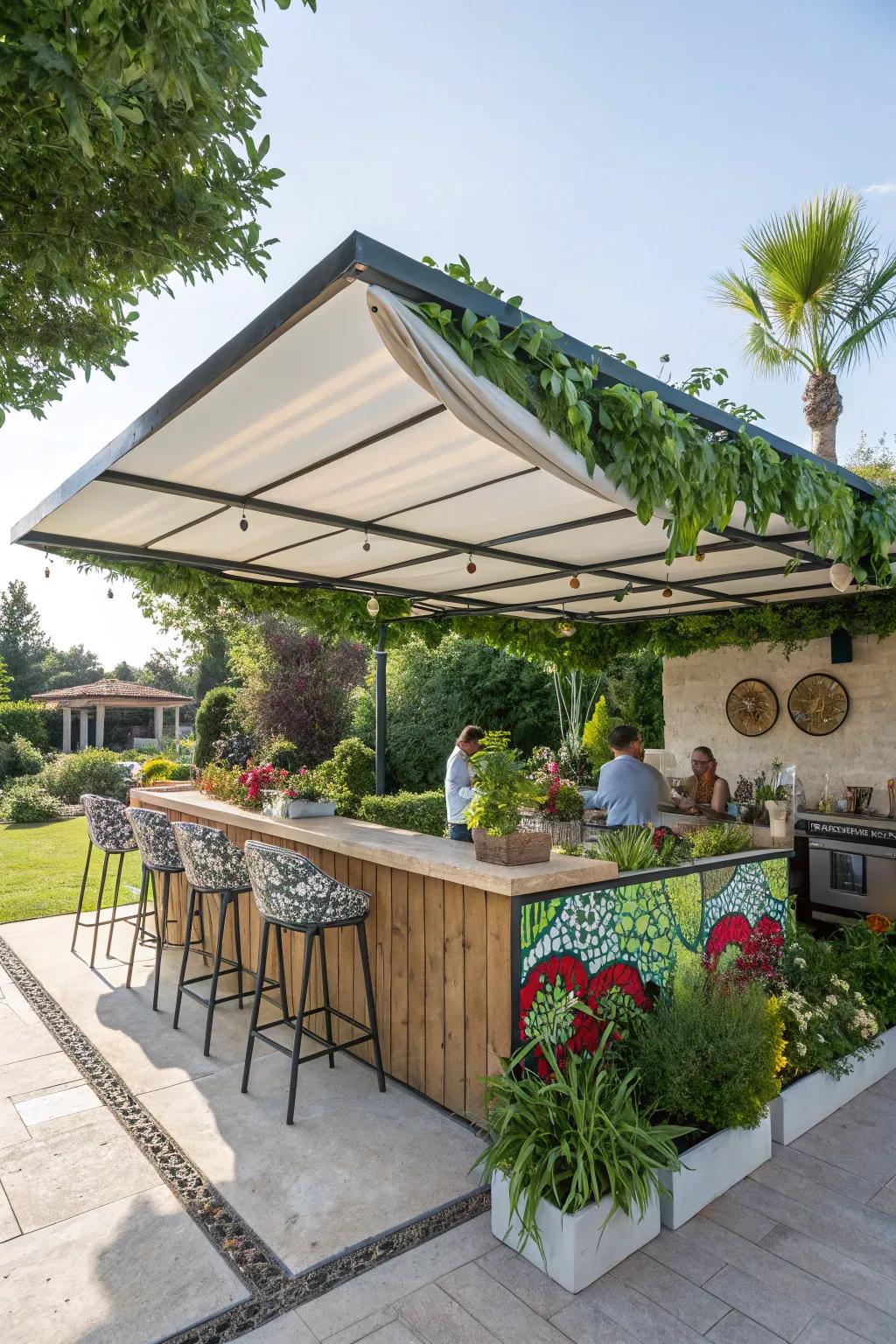 An outdoor kitchen bar with a retractable canopy for adjustable shade.