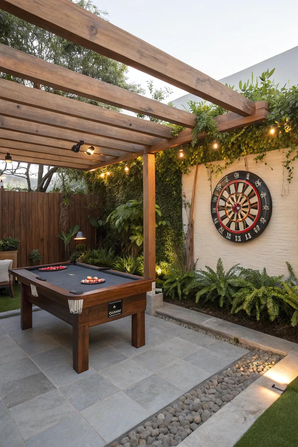 An outdoor recreation zone introduces a playful aspect to your personal space.