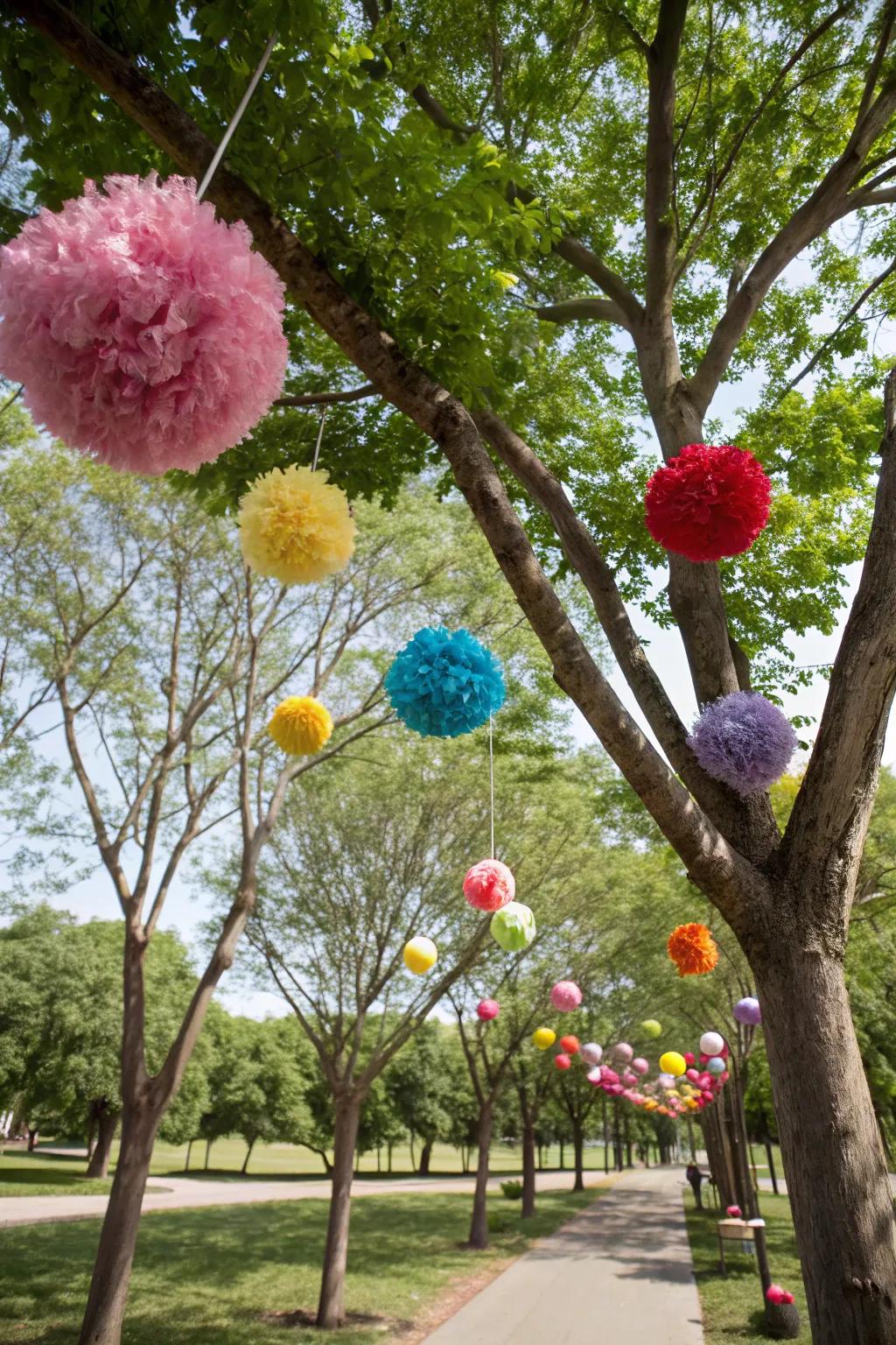 Pom-pom decorations add a playful splash of color to the park.