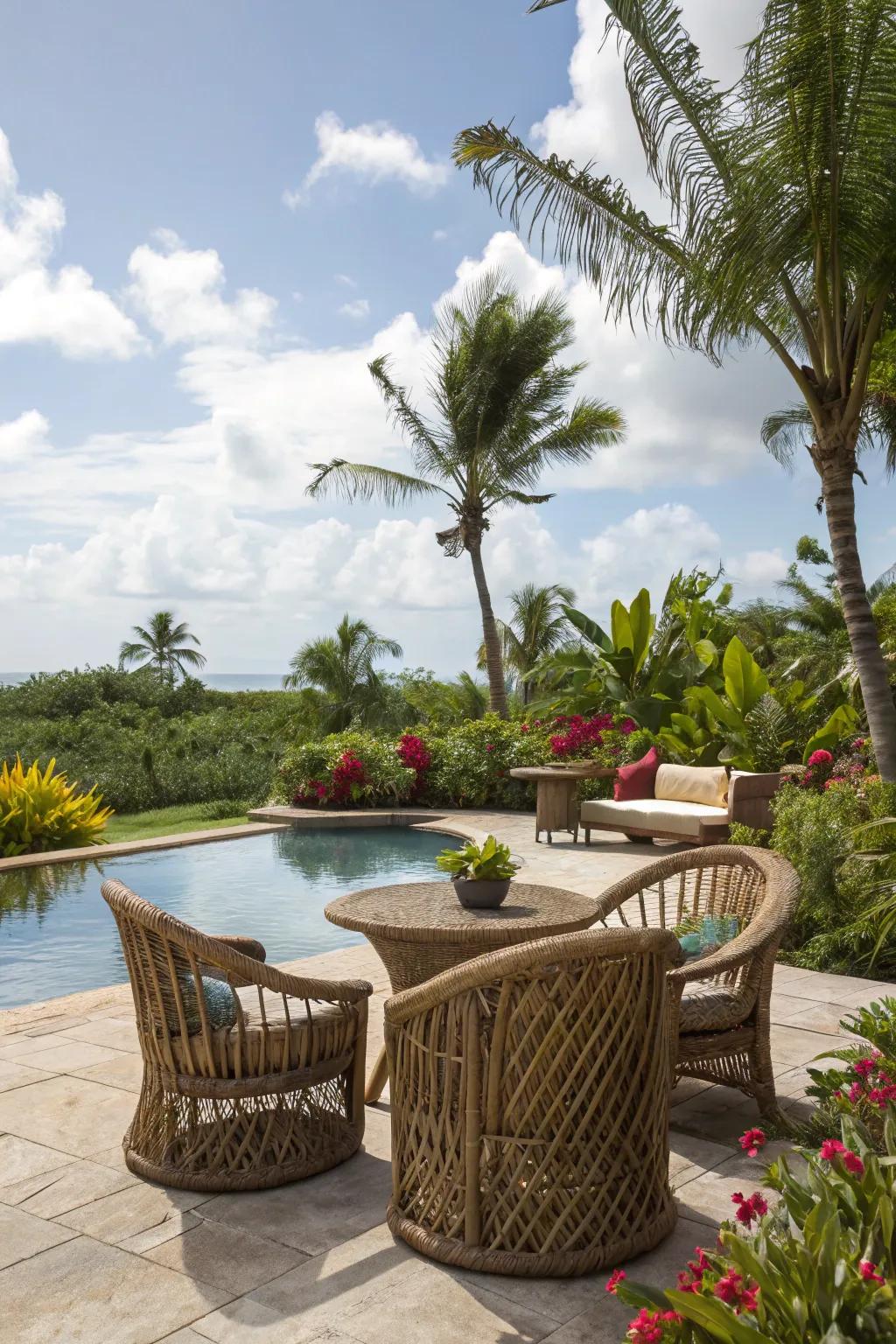 Woven seating brings a relaxed, tropical vibe to your poolside.