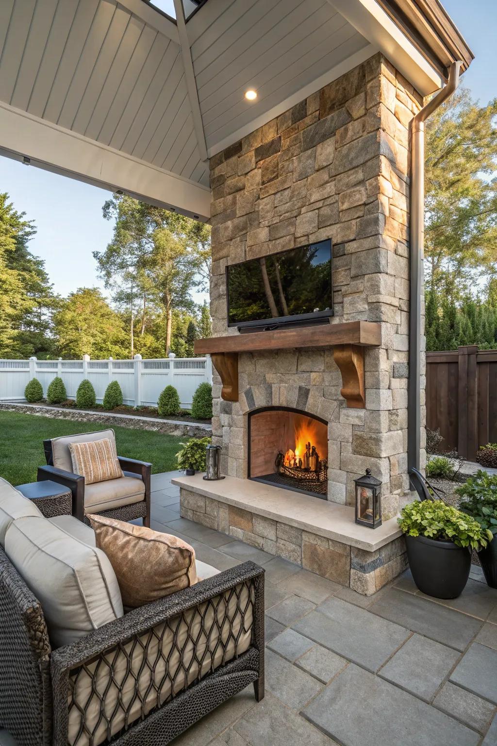 Mix warmth and entertainment with a fireplace TV setup.