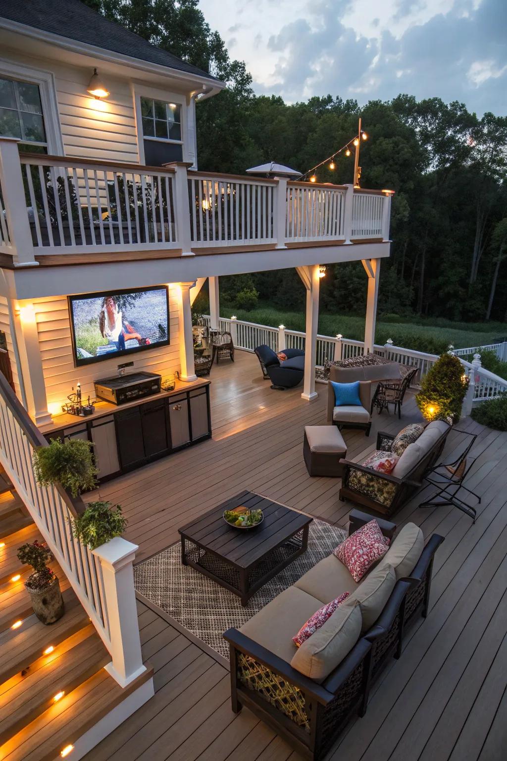 Multi-level decks create distinct zones and enhance your outdoor TV area.