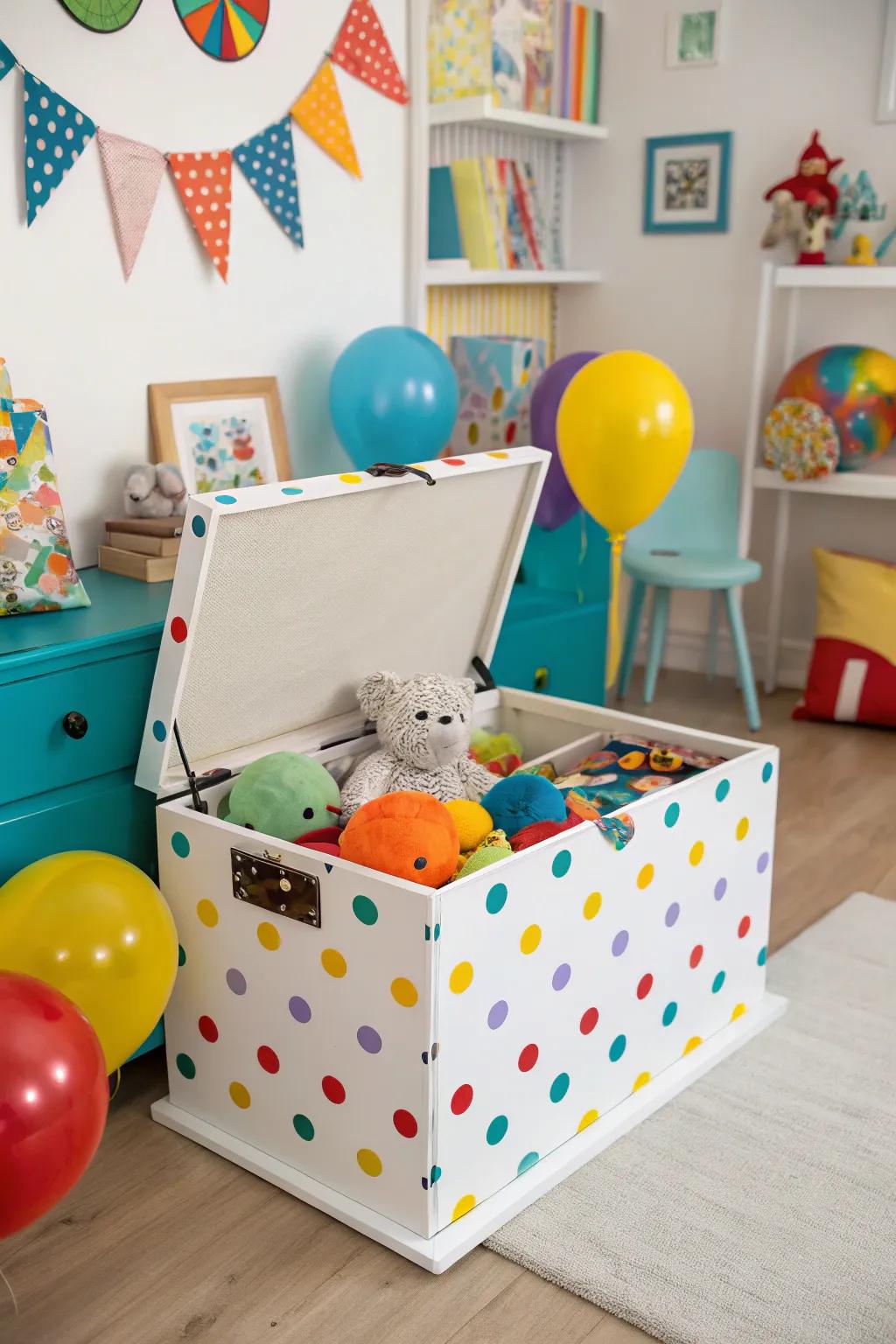A playful circle spot chest, perfect for a child's playroom.