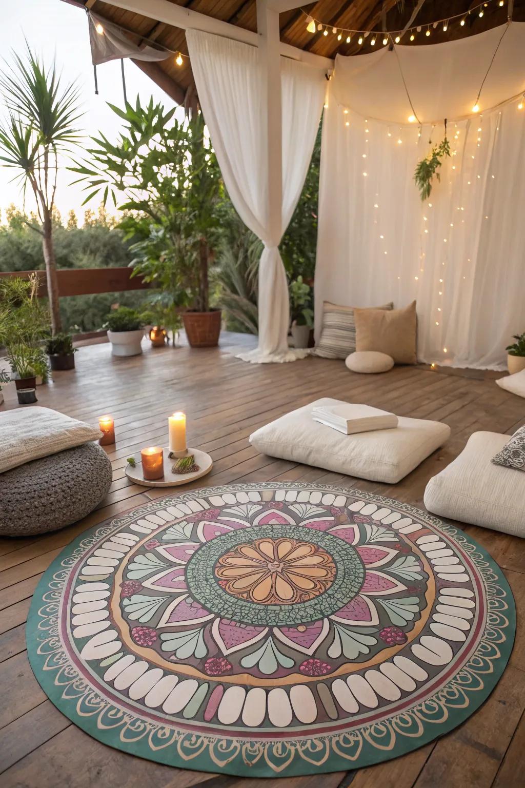 A meditation corner featuring mandala painted floors, crafting a serene and spiritual retreat.