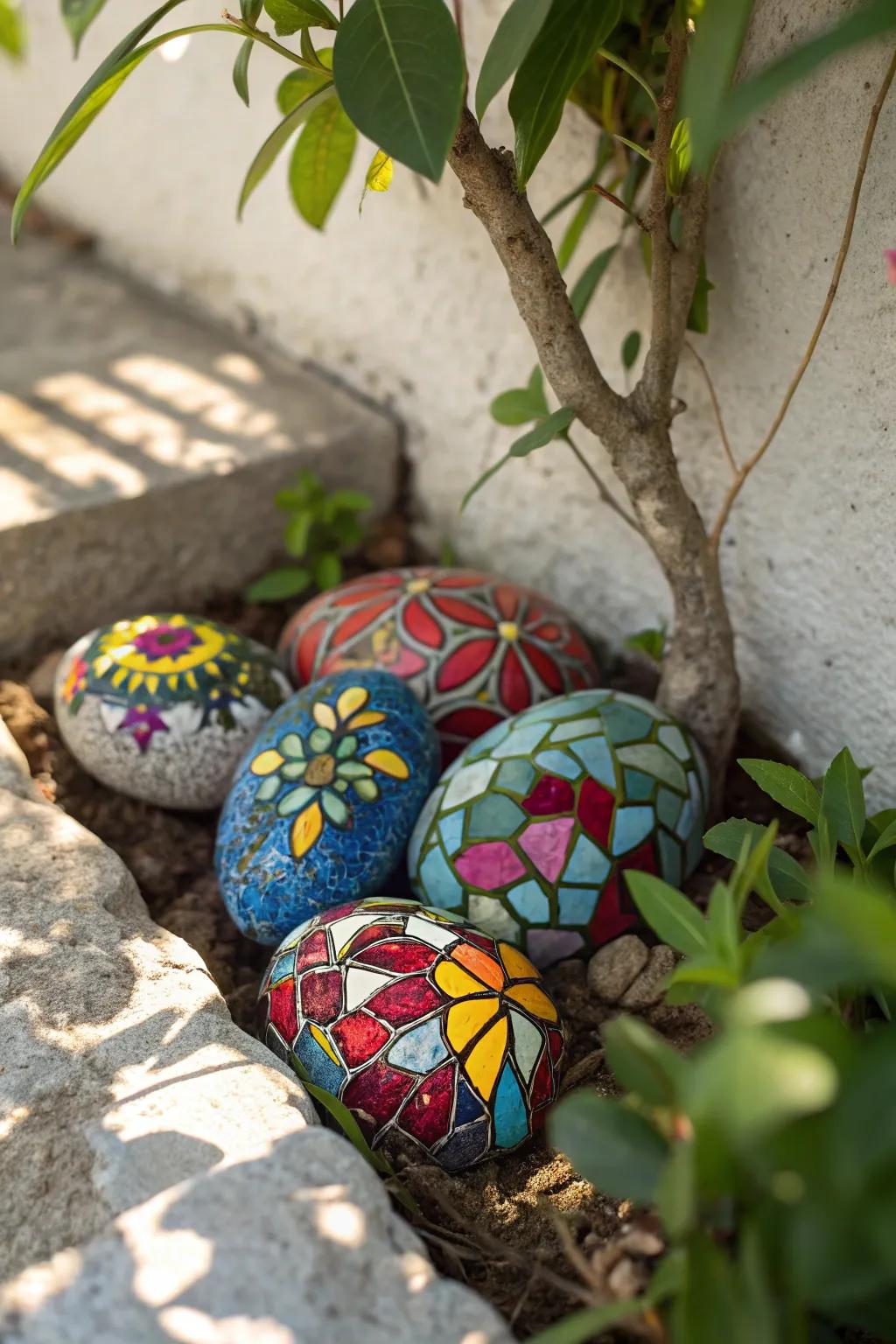 Illuminate your garden with the enchanting radiance of mosaic-painted stones, where art intertwines with nature.
