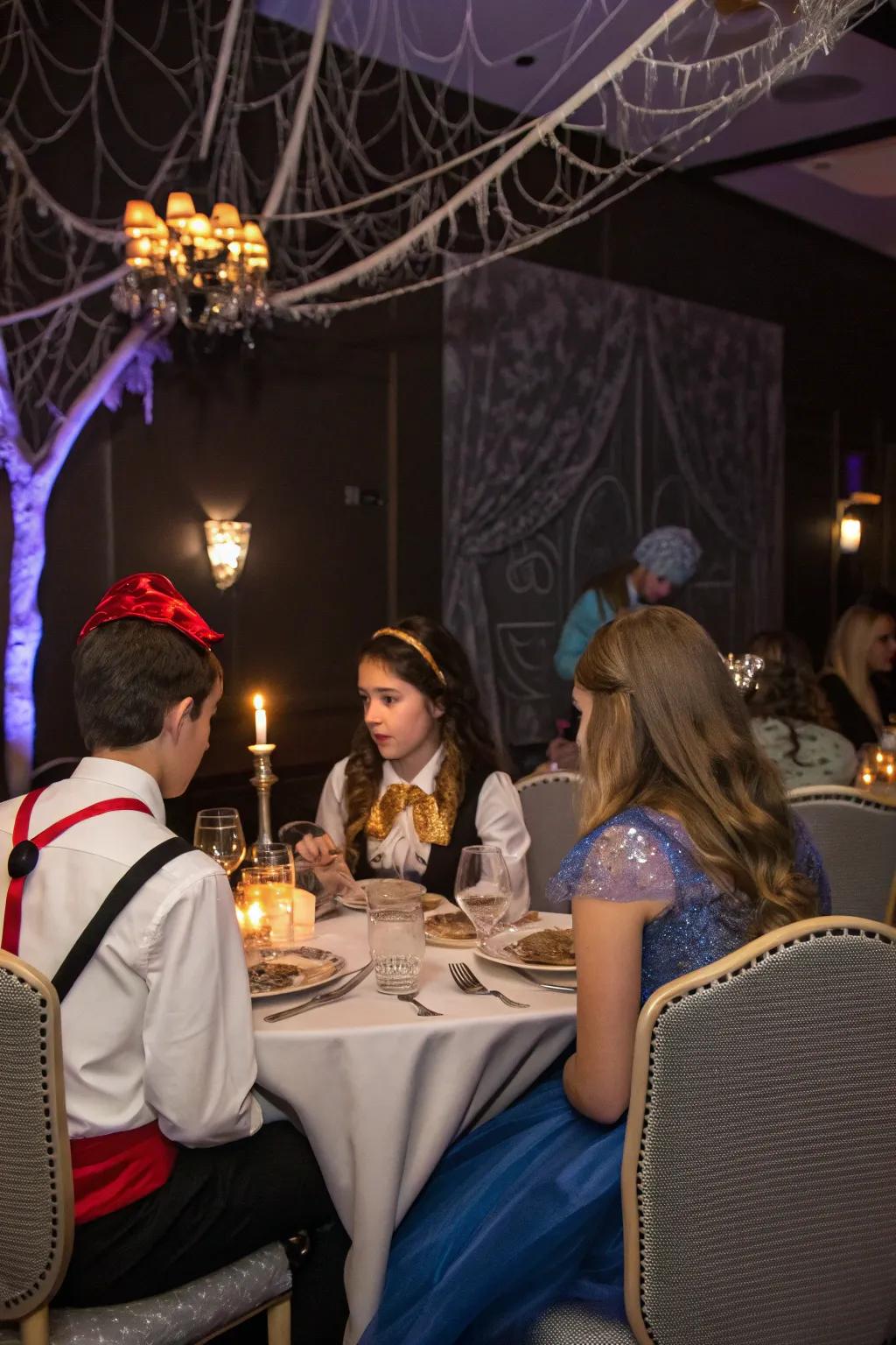 Teens playing detectives at an engaging whodunit evening.