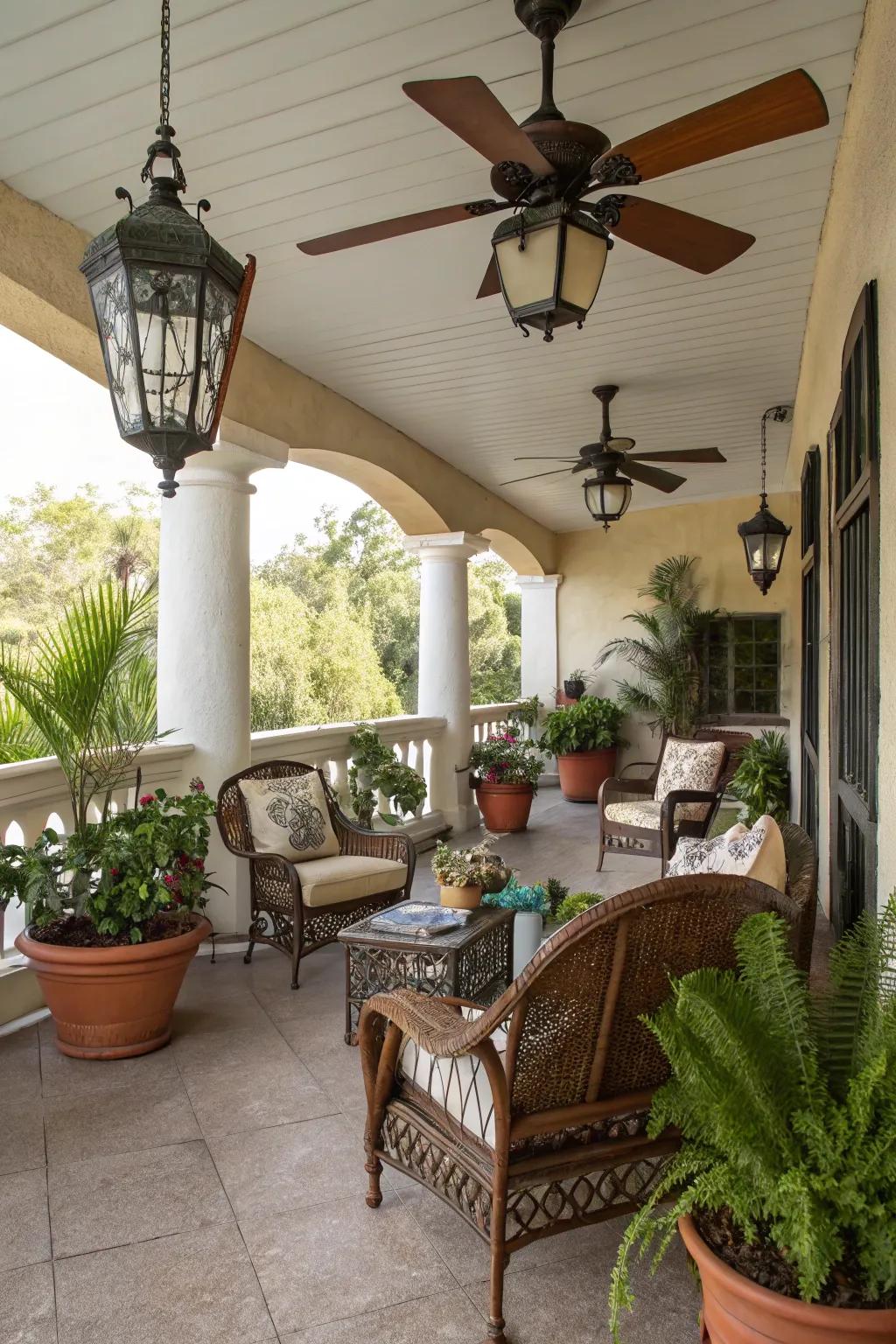 A retro-themed patio featuring a vintage-inspired ceiling fan.