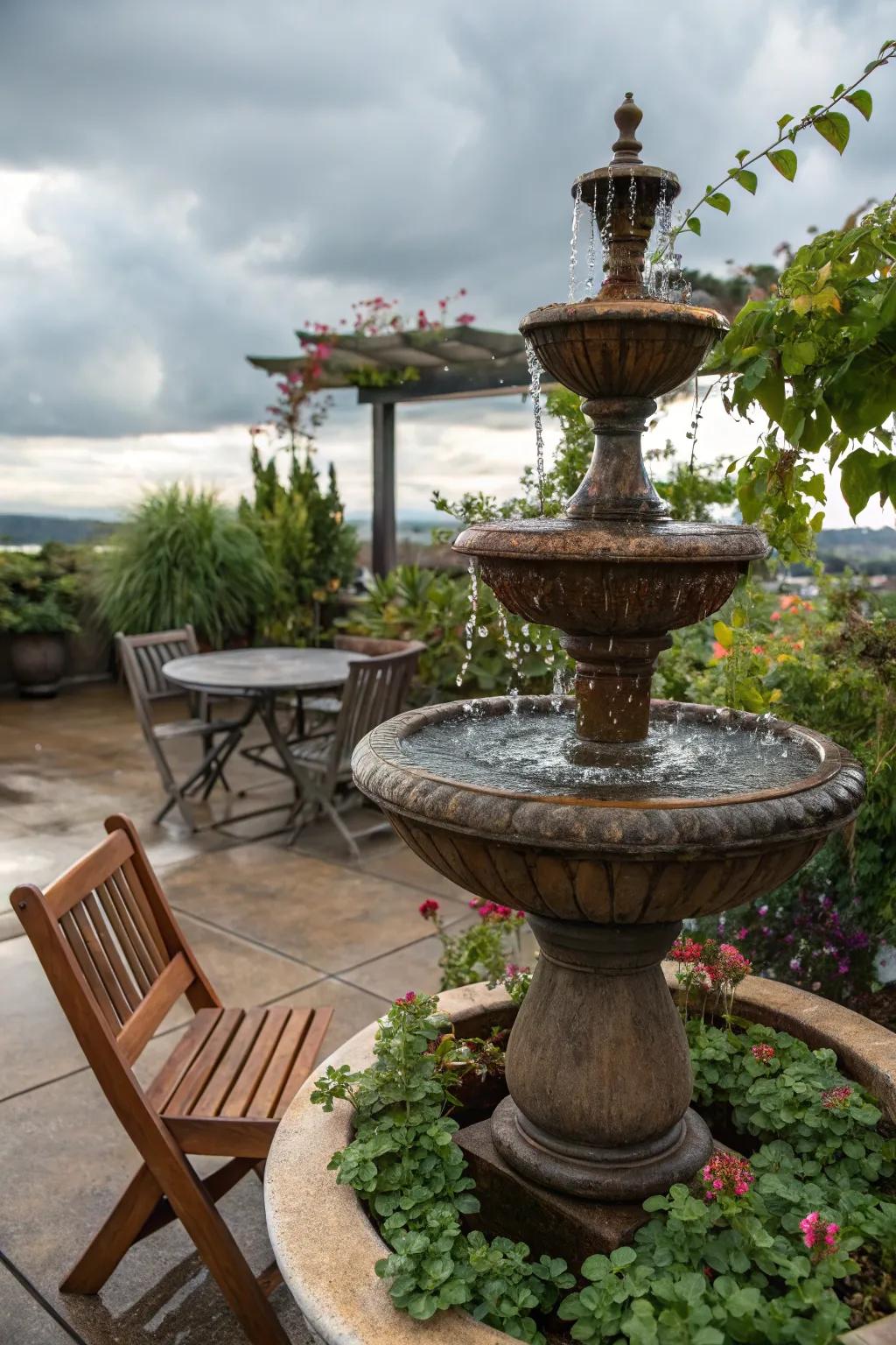 A tabletop water feature adding peacefulness to a patio.