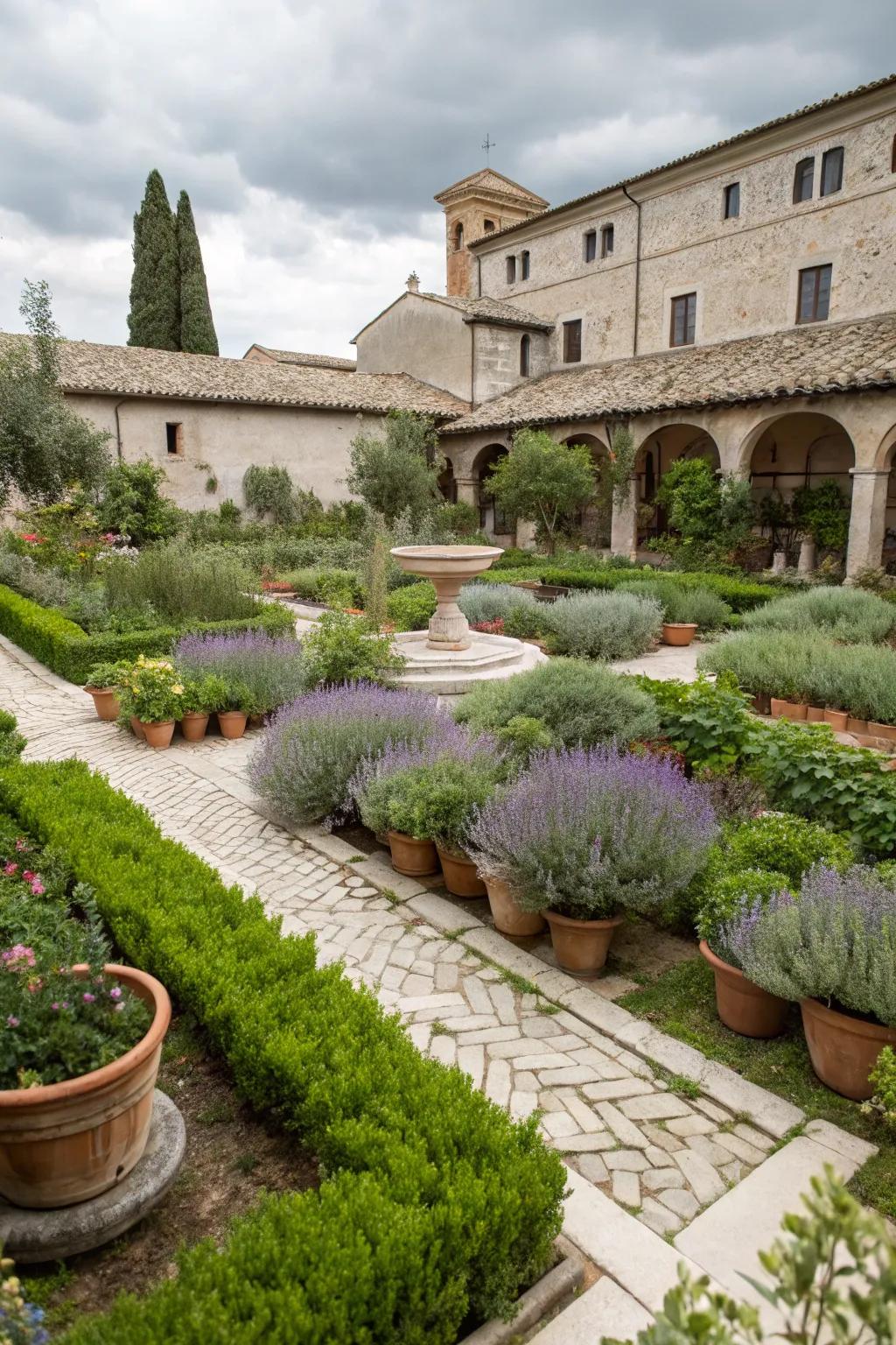 Mediterranean herbs contribute fragrance and texture to the garden.