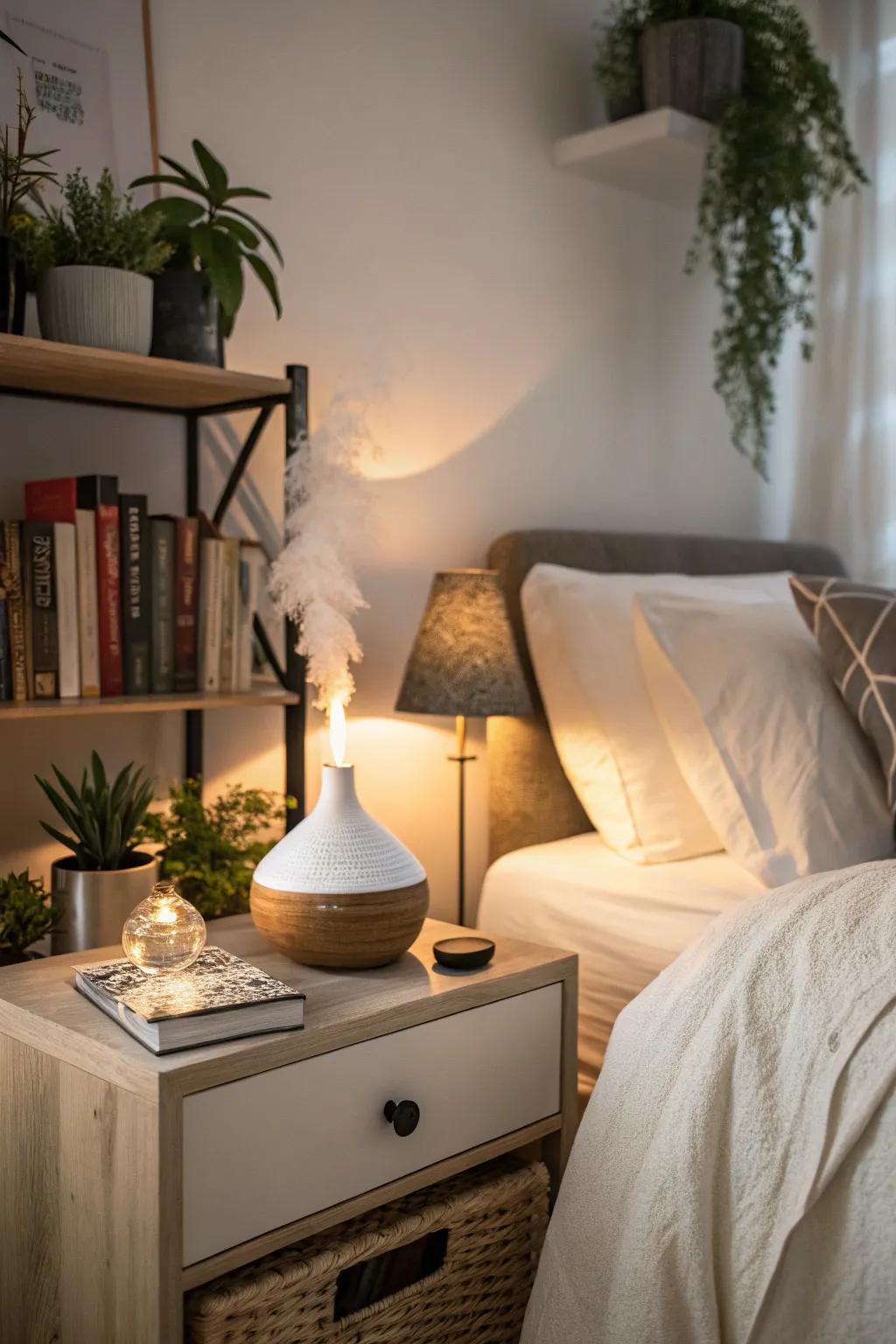A bedroom enhanced by an essential oil diffuser, creating a calming atmosphere.