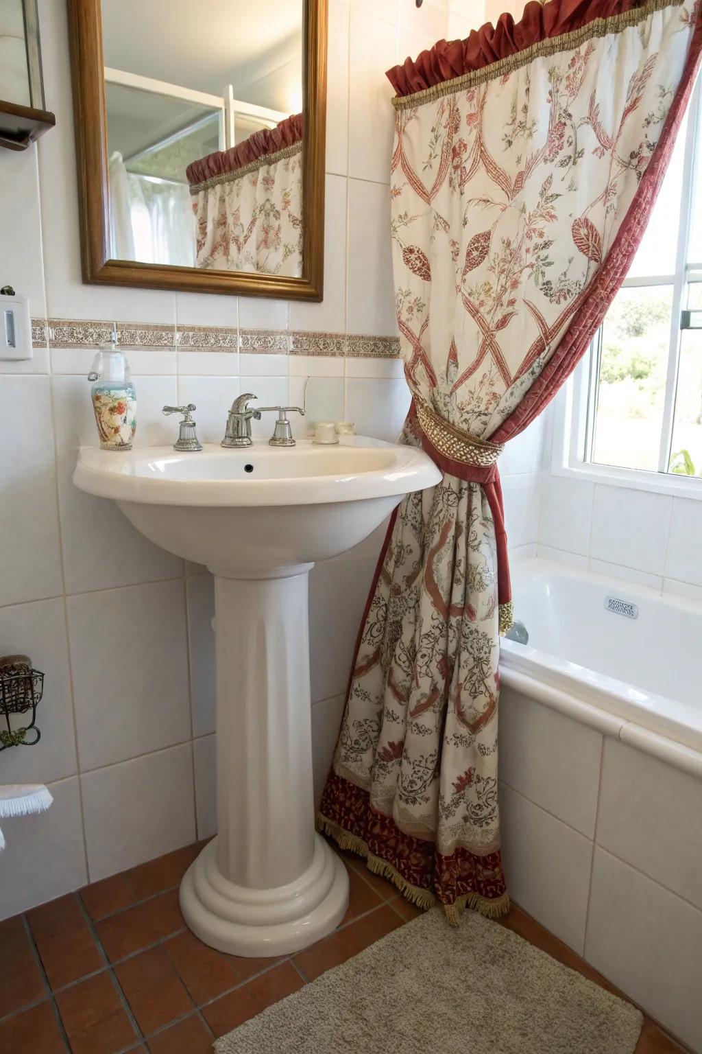 A decorative curtain provides a soft storage cover.