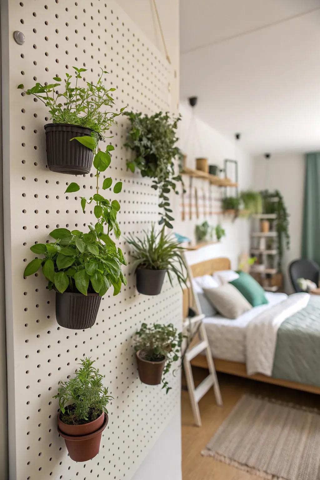Invite nature indoors with a pegboard plant wall.