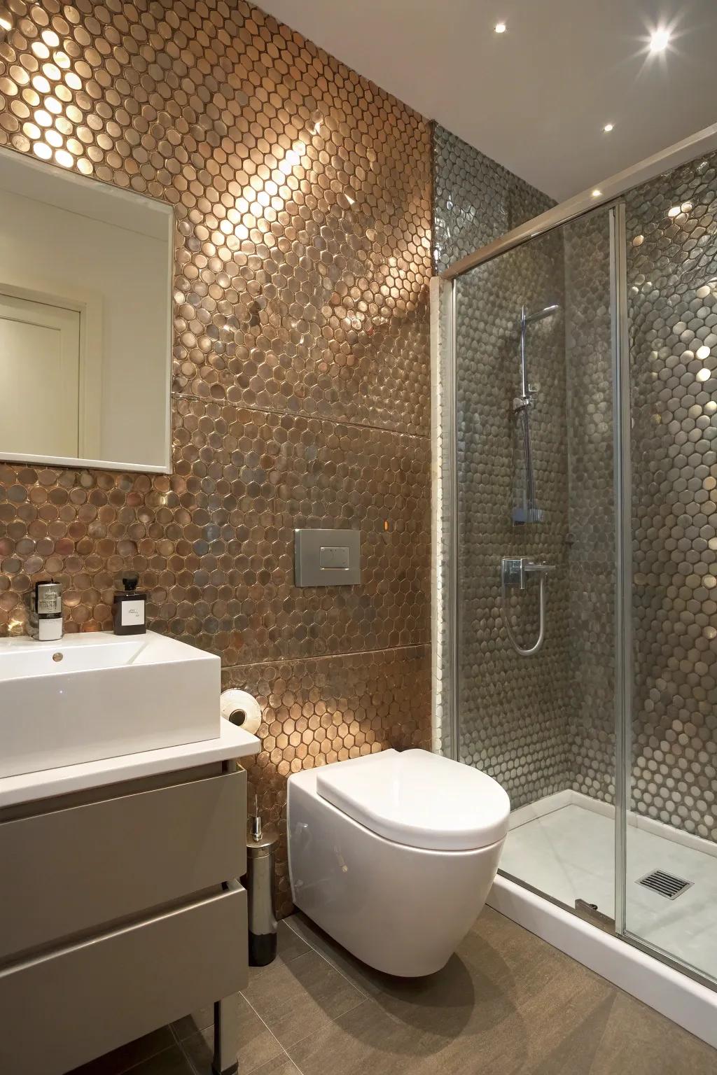 Elegant metallic penny tiles adding a modern element.