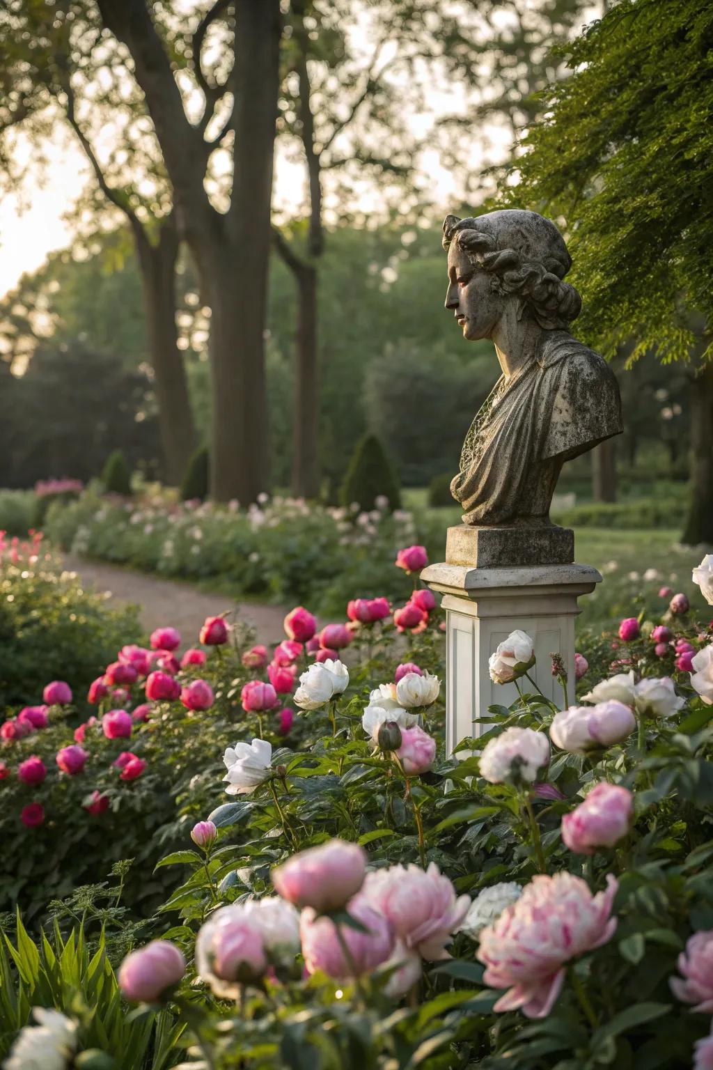 Garden artwork injecting persona to a peony-laden area.