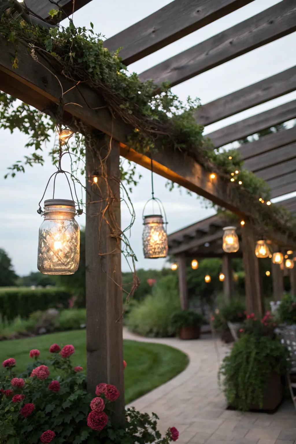 Mason jar lanterns add rustic elegance and a soft glow.