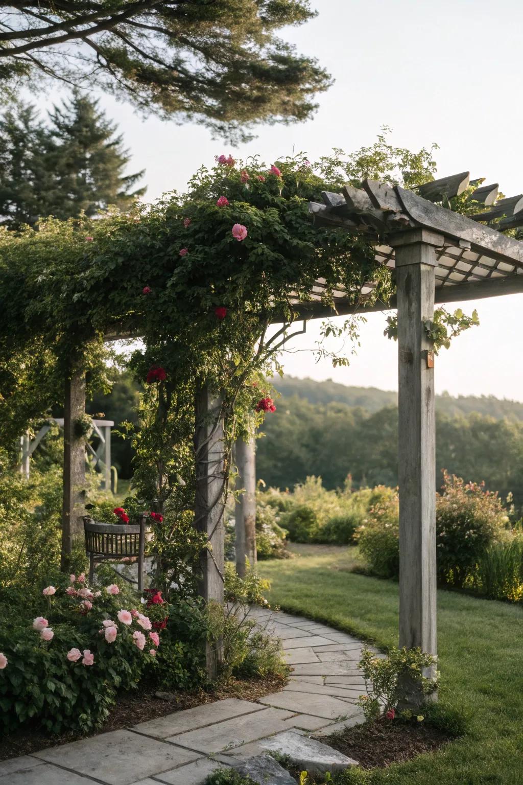 Natural canopy from greenery enhances garden aesthetics.