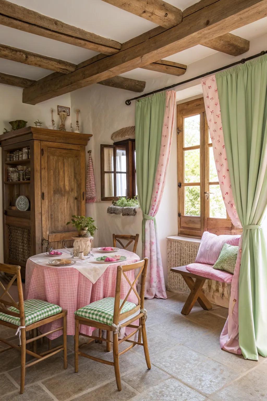 Homespun allure is created using wooden furniture and pink and green textiles.