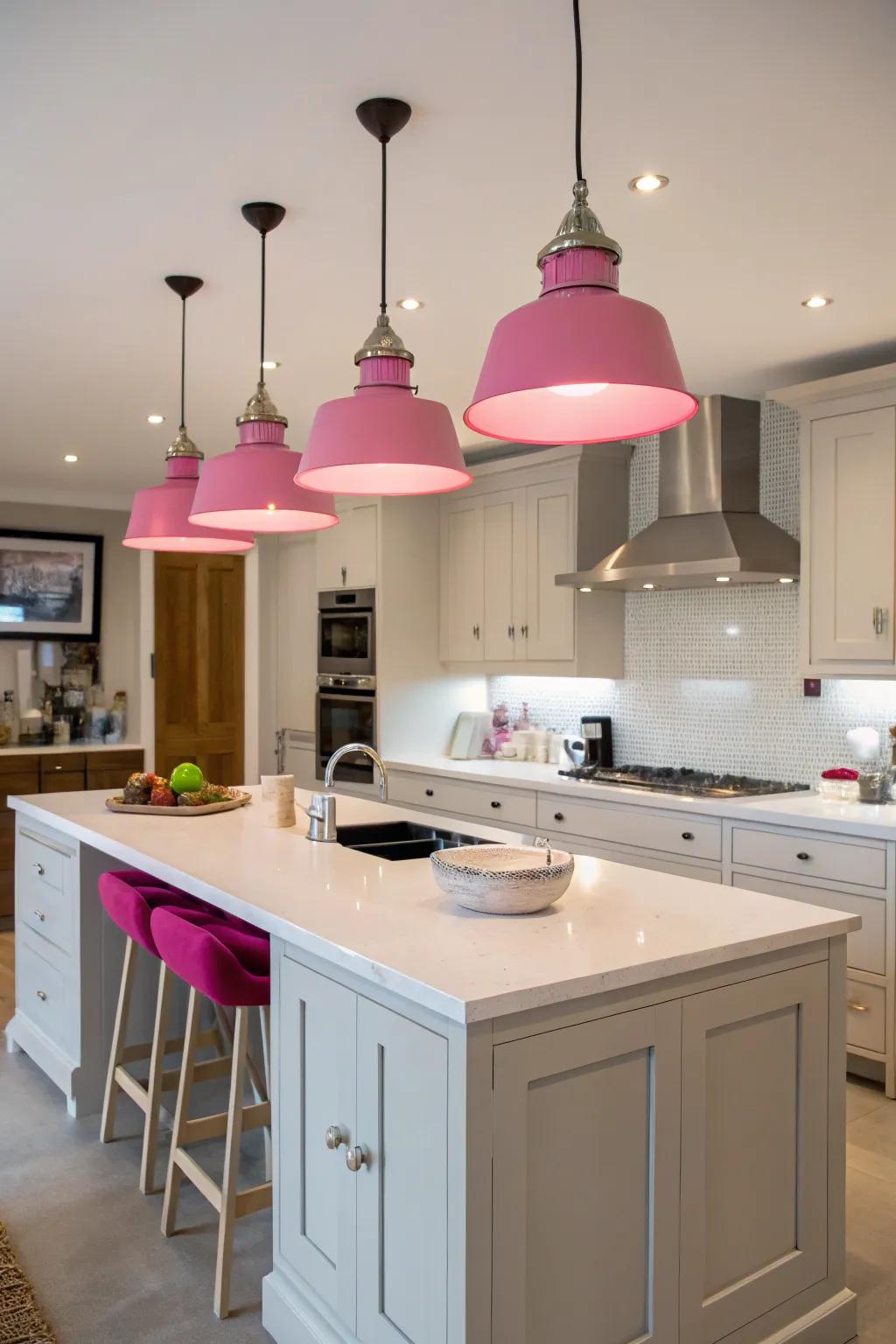 Rose drop lights incorporating a spirited accent to the cooking area.