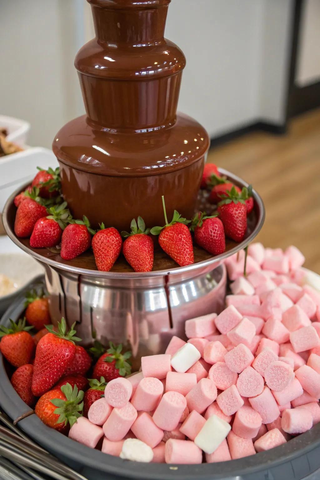 A chocolate waterfall with roseate accompaniments provides a sweet indulgence.